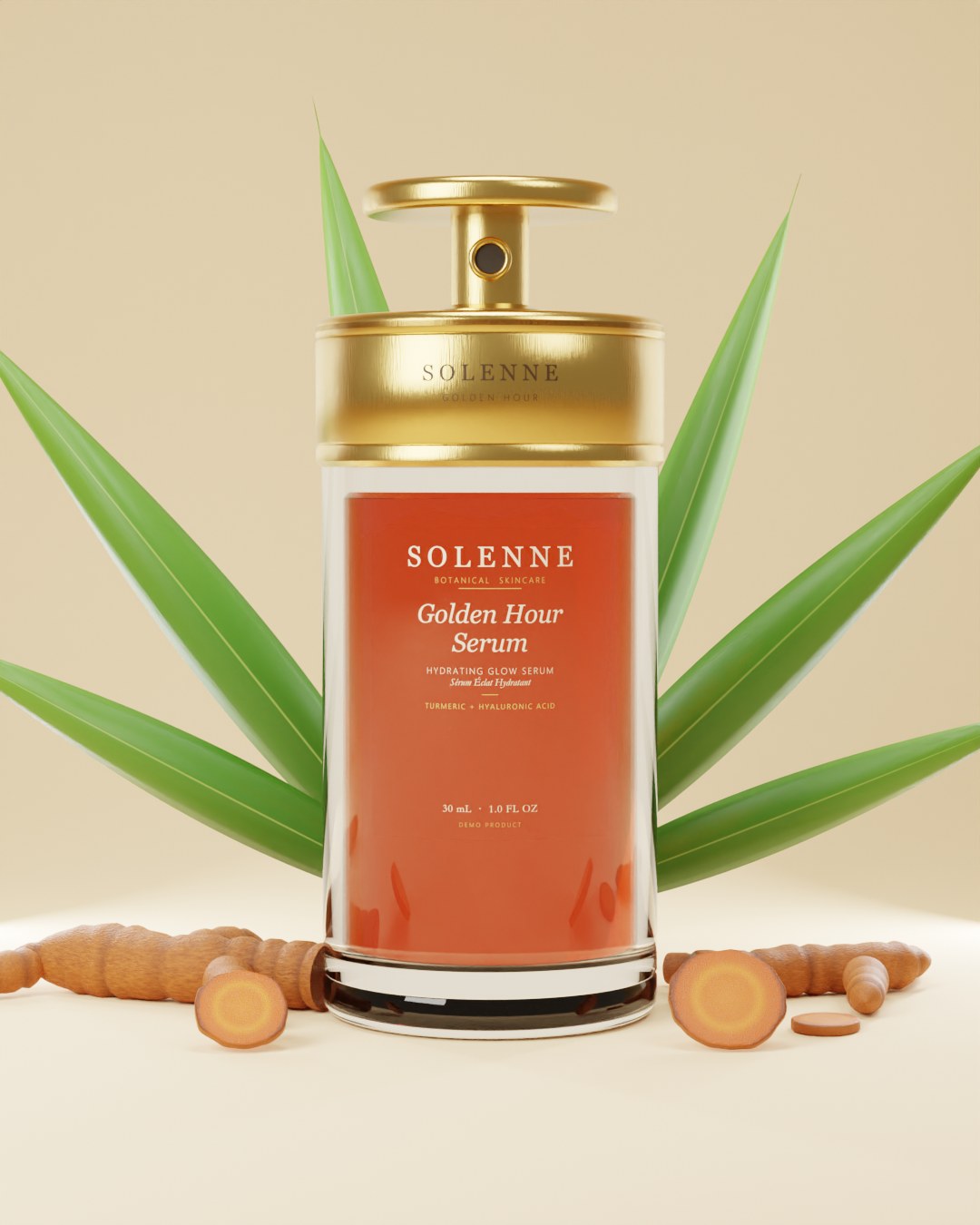SOLENNE Golden Hour Serum bottle in amber glass with a brushed-gold pump, on a cream set with leaves and turmeric