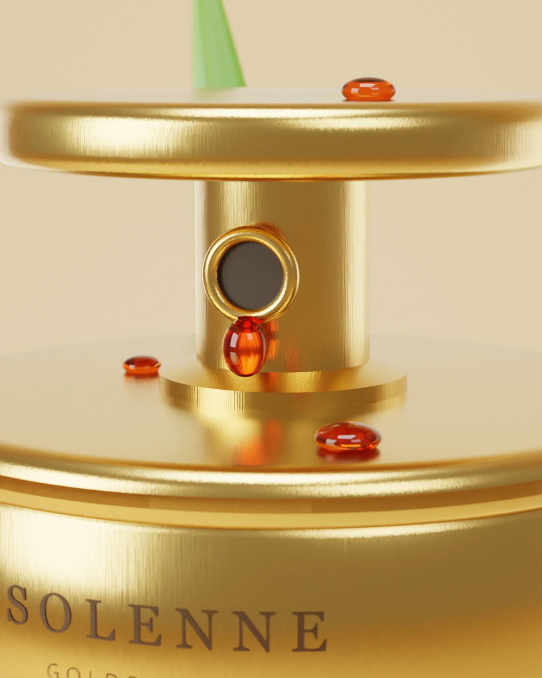 Close-up of the gold pump with an amber drop